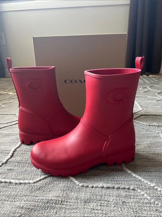 Coach Shoes - Coach Ryder Mid-Calf Ruby Red Rain Boots with Embossed C